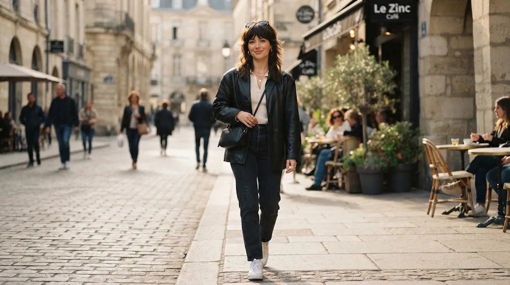 A stylish woman showcasing a trendy wolf cut medium hairstyle with textured layers and natural movement