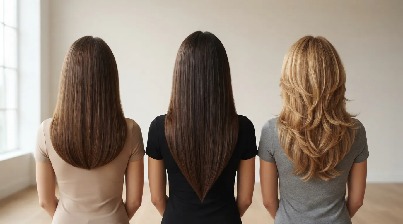 Ultra-high-resolution 16:9 side-by-side visual comparison of U-cut, V-cut, and layered haircuts on long hair without text.
