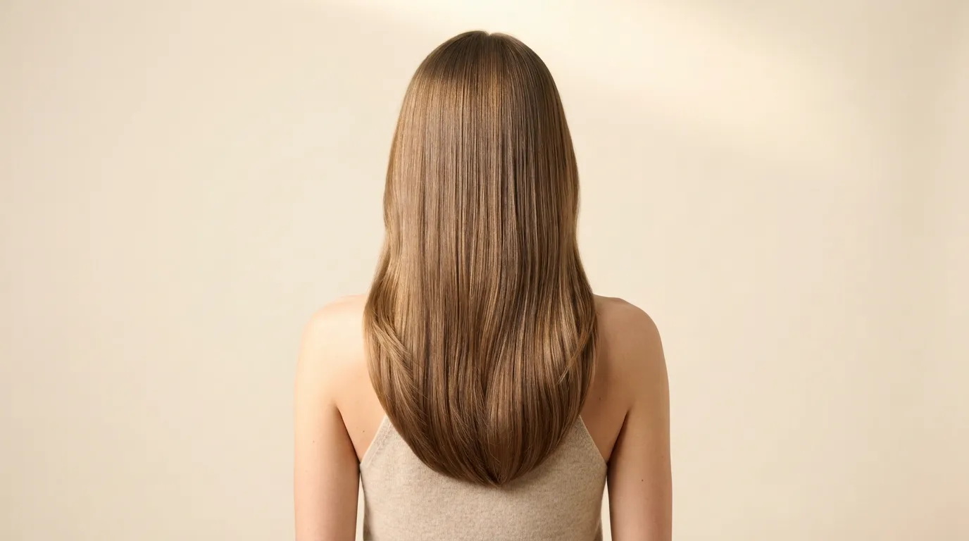 High-resolution back view photograph of long, flowing dark brown hair styled with a defined U-shaped perimeter and seamless interior layers without text.