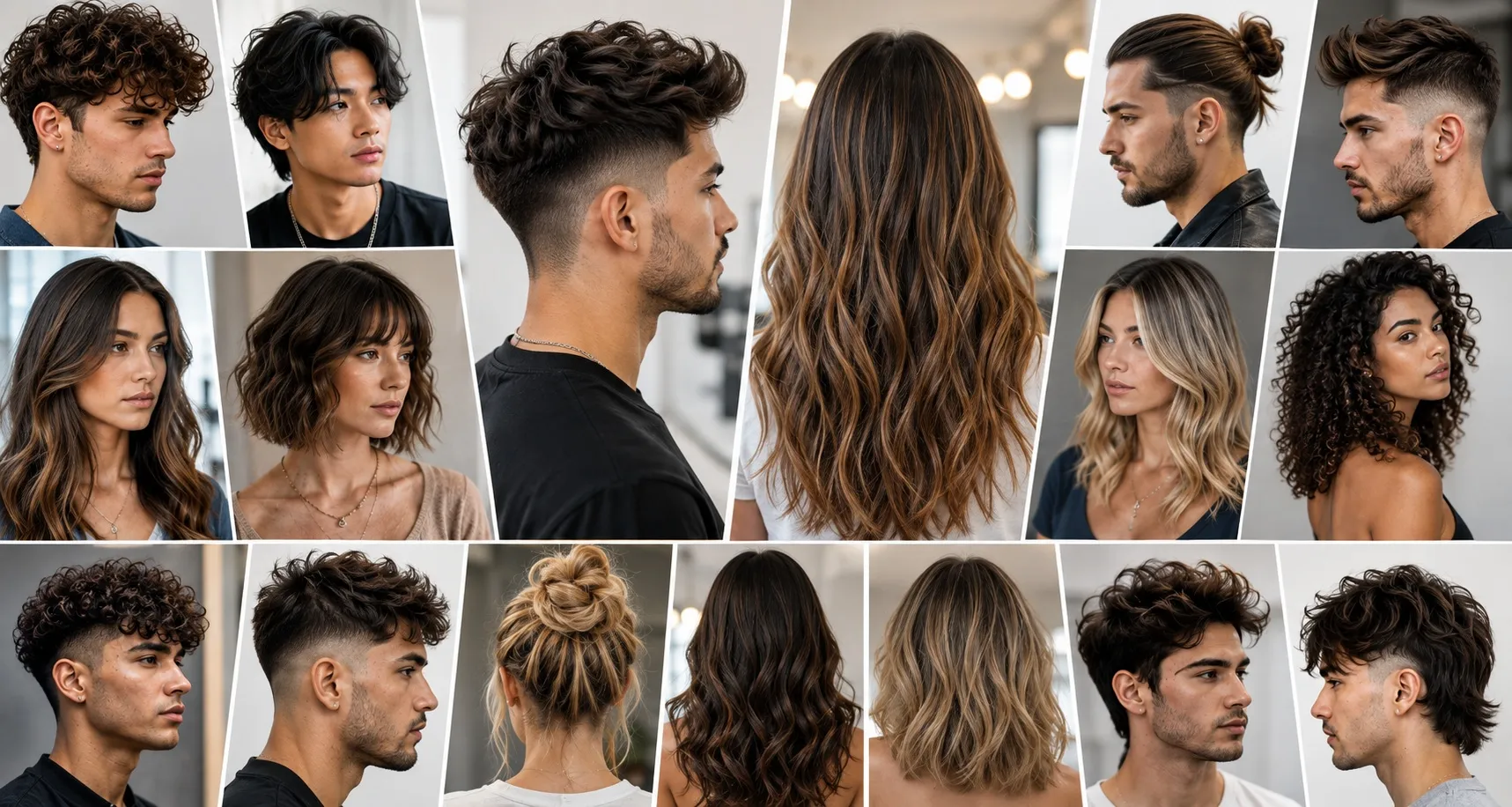 Men and women showcasing long, short, curly, straight, wavy, and modern hairstyles and haircuts