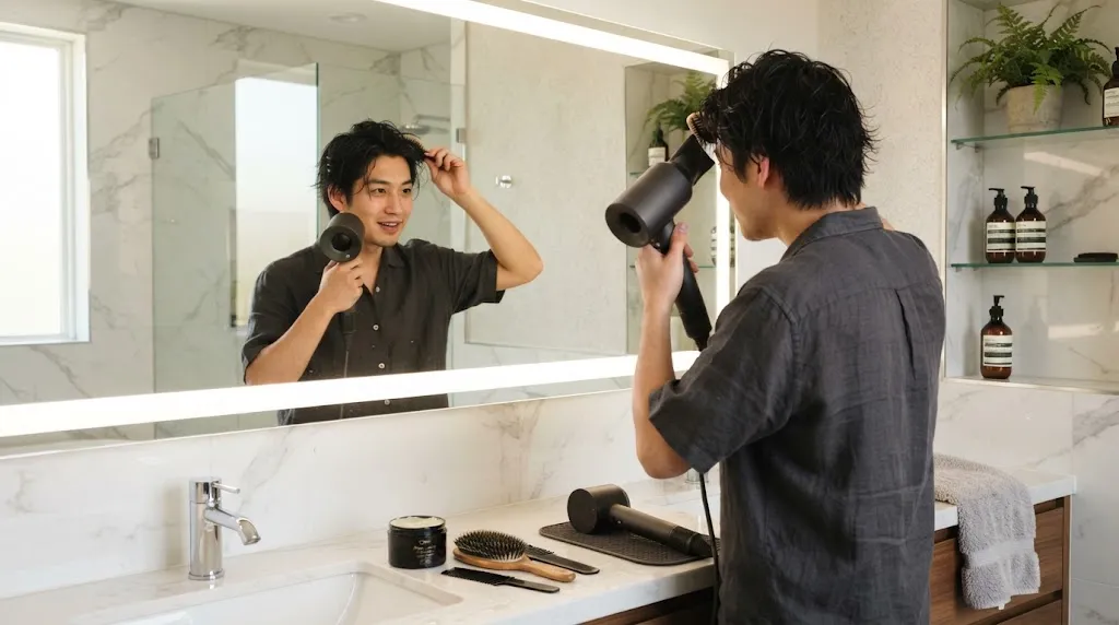 A young Asian man styling his hair with a blow dryer and product in a modern bathroom, illustrating daily maintenance for a Korean hairstyle