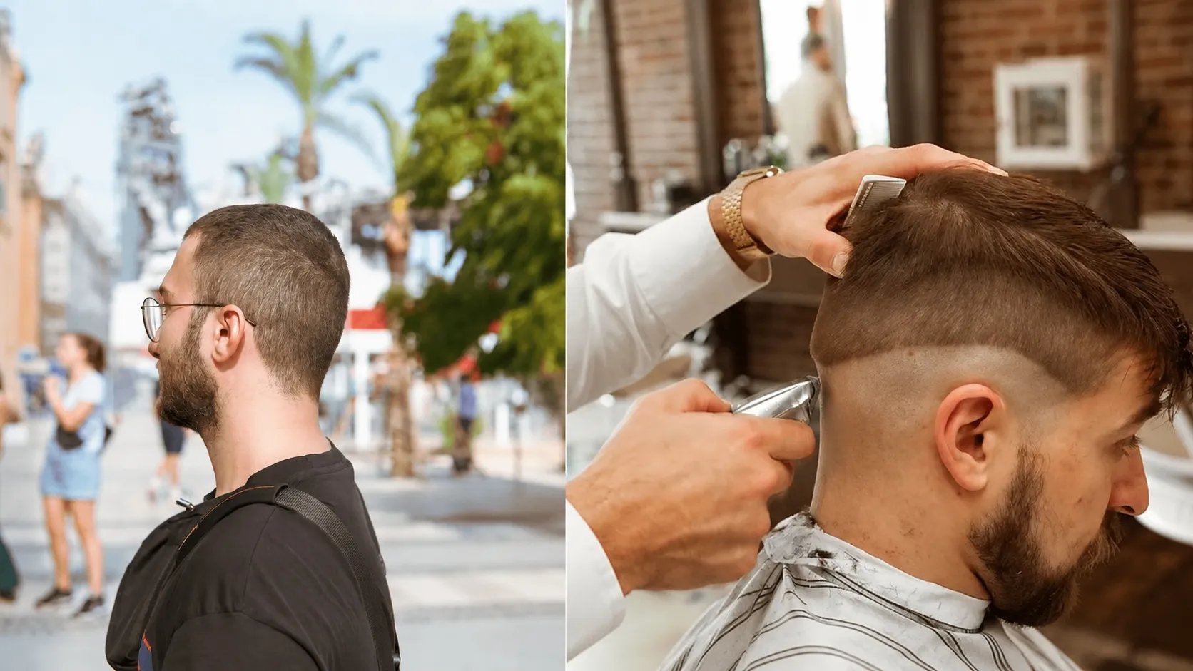 Diagram and reference photo demonstrating various buzz cut hair lengths, guard numbers, and facial framing.