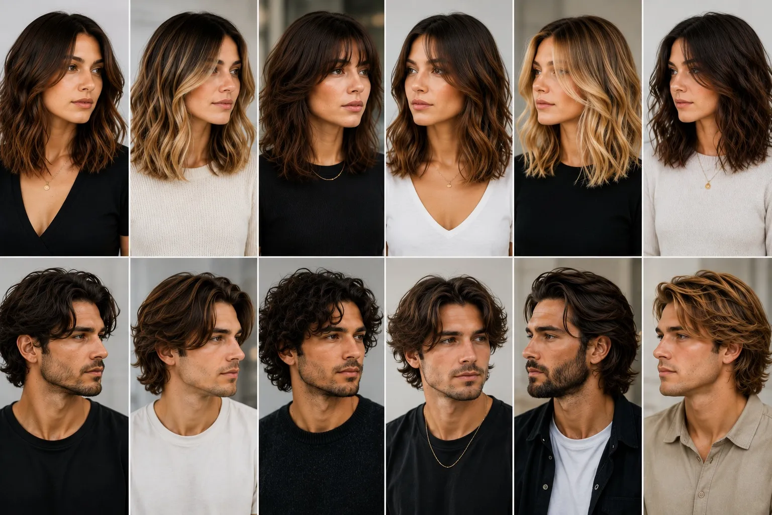 Medium-length hairstyles for men and women featuring layered, wavy, textured, and face-framing looks