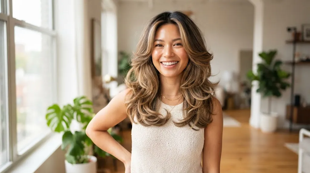 A woman with beautiful, voluminous medium-length layered hair and soft bounce for flat hair