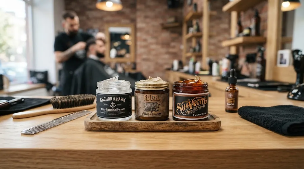 A collection of different hair styling products including water-based gel, oil-based pomade, and matte clay arranged on a modern barbershop counter