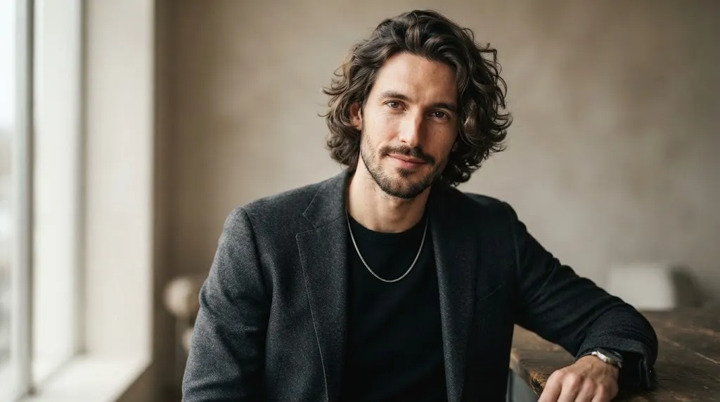 Man with medium-length wavy hair haircut designed to add width to a long face shape.