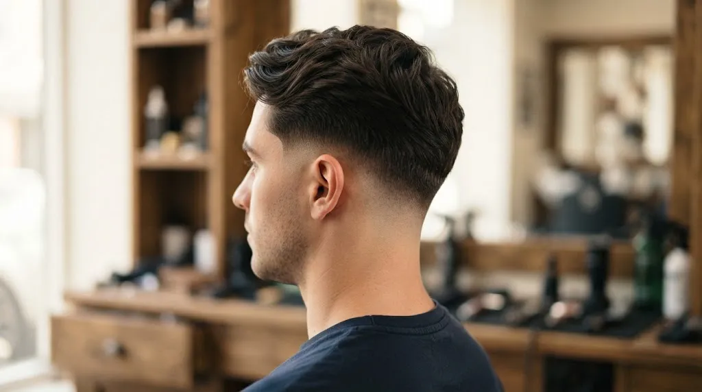 A side profile shot of a man showing progressive hair growth from a short fade to a stylish medium-length haircut