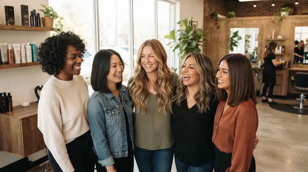 A diverse group of women showcasing stylish medium-length hair styles including lobs, butterfly cuts, and layered hair in a bright salon