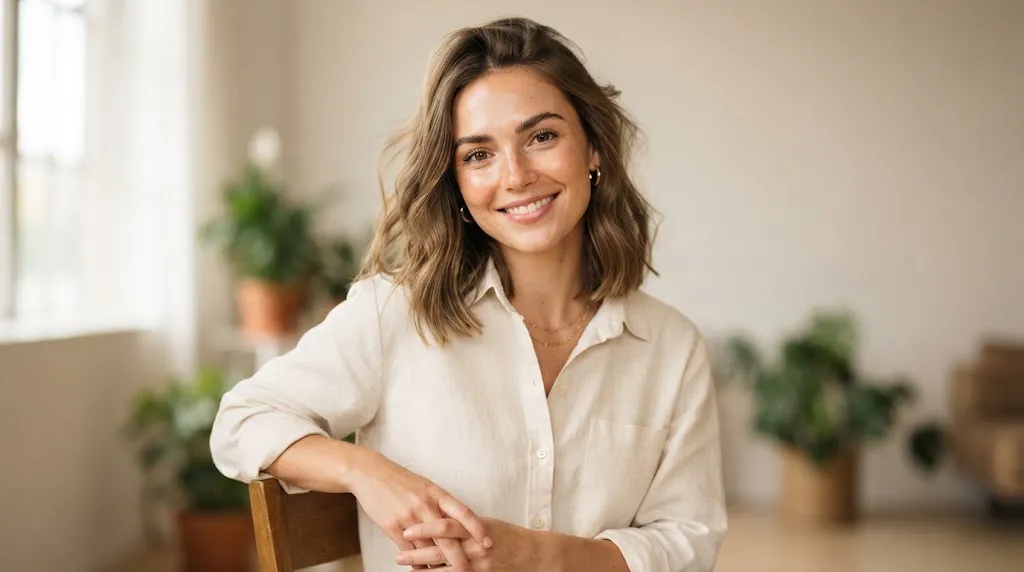 A beautiful woman with a stylish shoulder-length medium haircut illustrating hair length between the chin and collarbone.