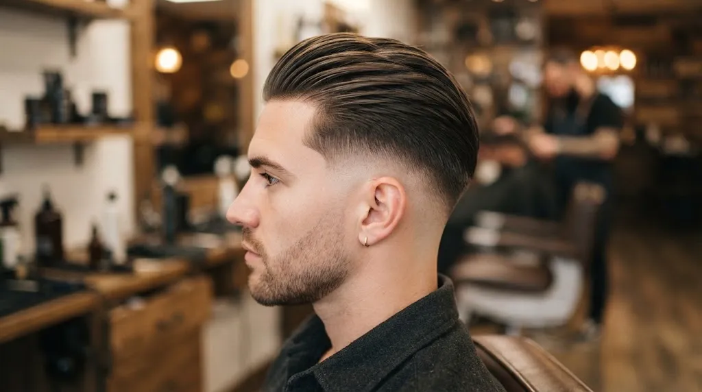 A professional slick-back hairstyle demonstrating clean directional flow from the front hairline to the nape.