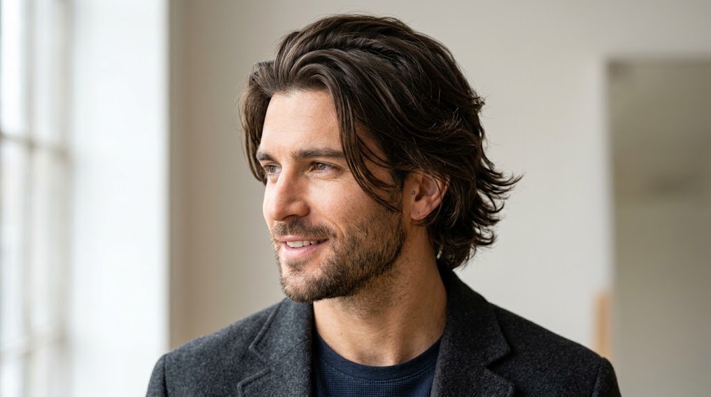 A stylish man with a 4-inch medium length hairstyle showing natural volume, flow, and texture in 16:9 HD quality.
