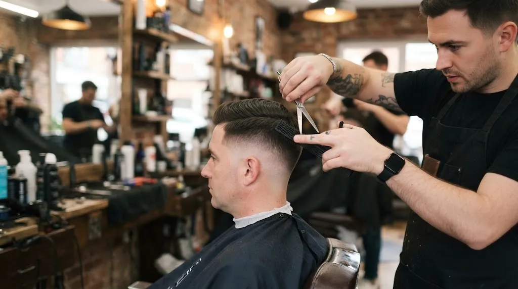 Professional barber cutting a clean normal slope haircut showing a gradual transition on the sides and back