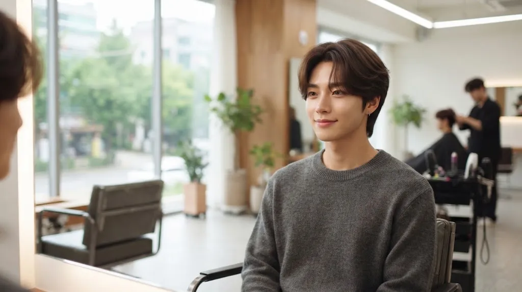 A young man in a modern salon showcasing a trendy Korean hairstyle with soft structure, natural movement, and face-framing fringe