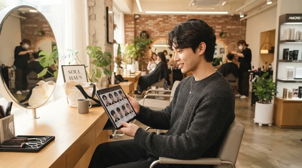 A young man examining Korean hairstyle reference photos on a tablet in a bright salon