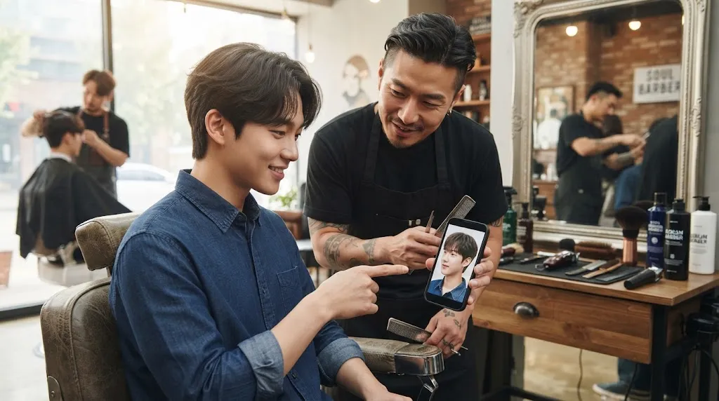 A young man sitting in a barber chair pointing at a Korean haircut reference photo on a smartphone while discussing the style with his barber