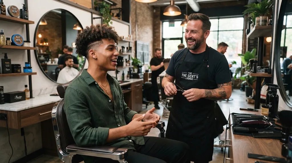 A man with curly hair discussing his hairstyle options with a professional barber in a modern barbershop