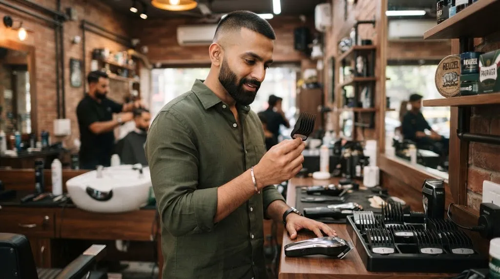 An Indian man with a stylish buzz cut and well-groomed beard consulting a barber to choose the right hair clipper guard length.