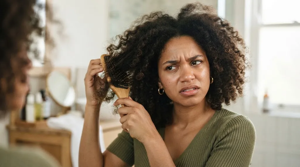 Close-up of a man with textured curly hair holding a hairbrush, demonstrating the common mistake of brushing dry curls