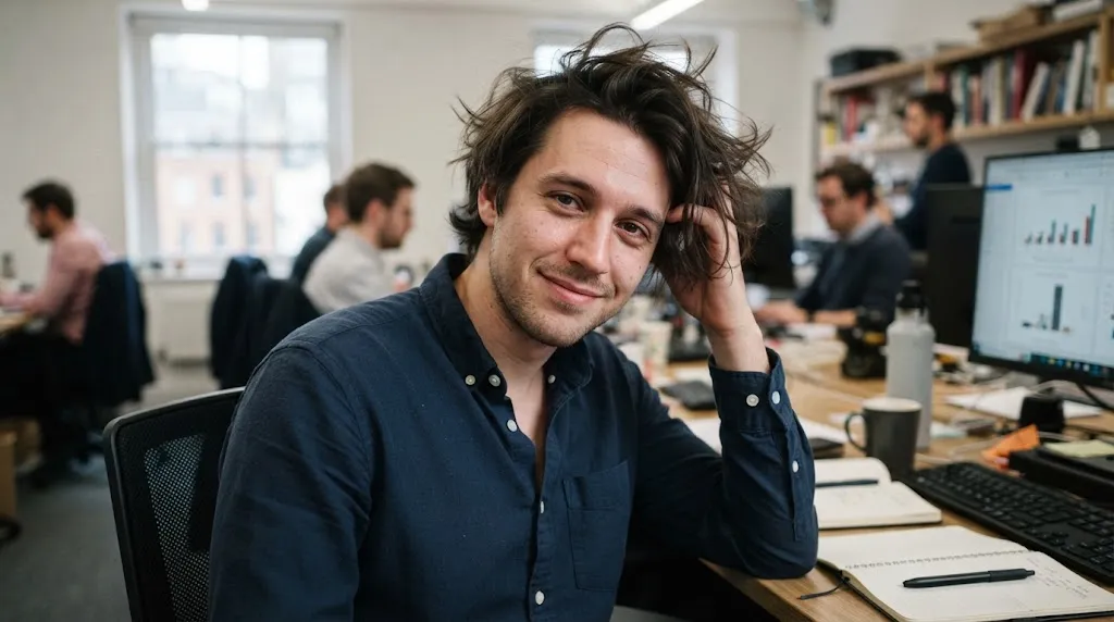 A close-up photograph of a man's hair losing its styling hold and falling apart by midday