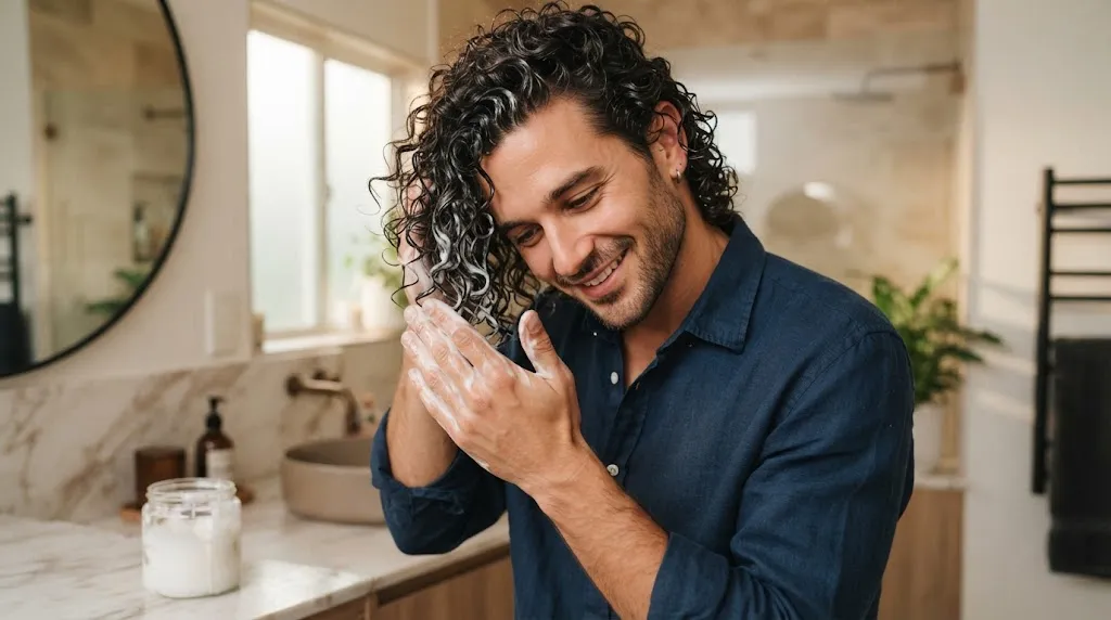 Man applying moisturizing conditioner to his wet curly hair to prevent frizz and dryness
