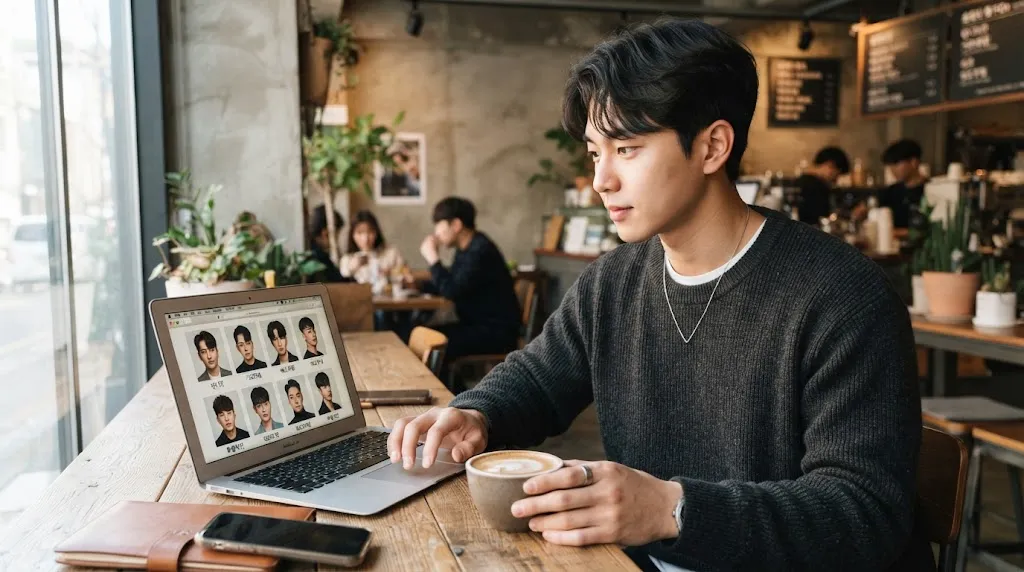 A young man reviewing multiple Korean hairstyle reference photos on a laptop to show why one photo is not enough