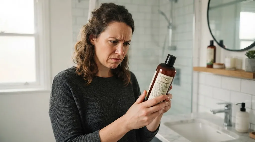 Man looking at a shampoo bottle label, highlighting how wrong shampoos with sulfates strip natural moisture from curly hair.