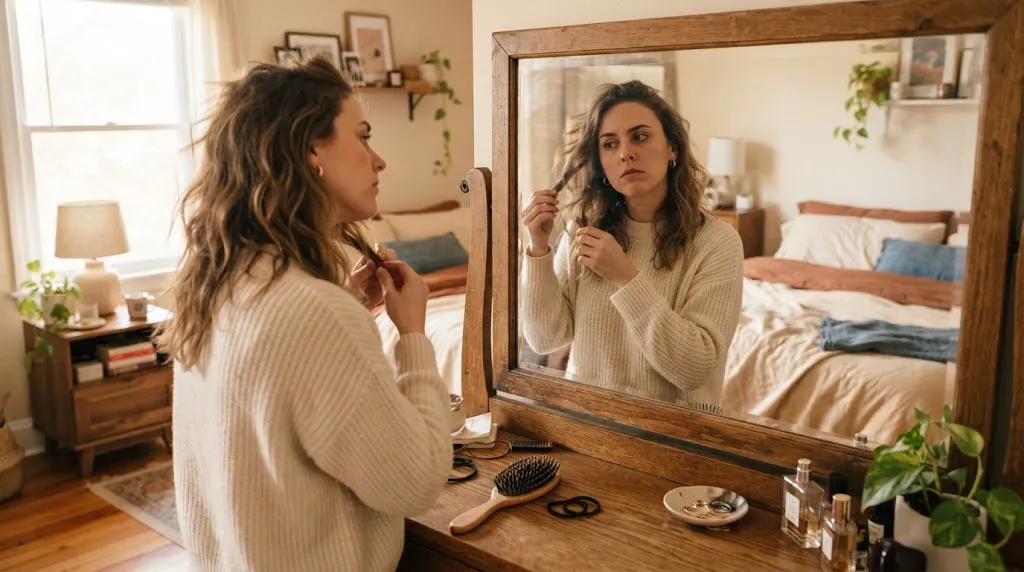 A person looking thoughtfully at their reflection in a mirror at home while trying to style their hair