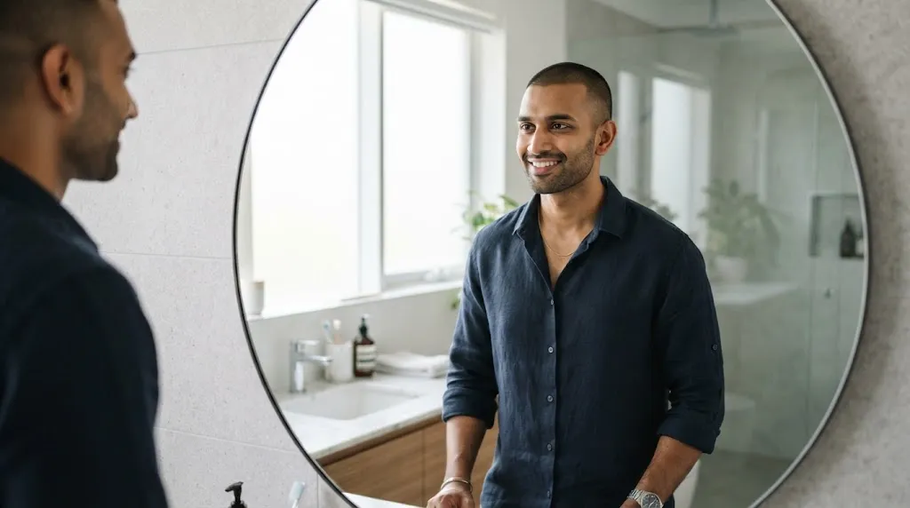 Indian man with a clean buzz cut and well-groomed short beard reflecting in a mirror, showing how a buzz cut affects perceived age.