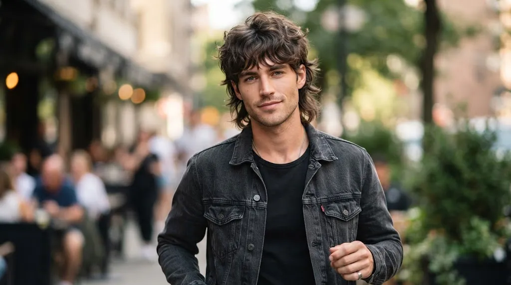 A man with a trendy textured wolf cut hairstyle featuring wavy hair, volume at the crown, and layered ends.