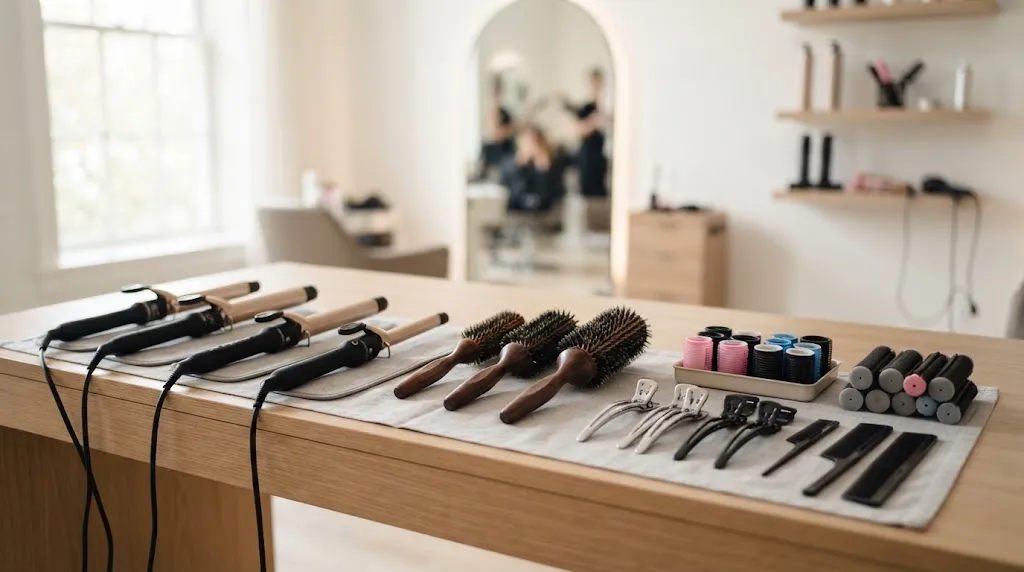 A variety of professional hair curling irons, rollers, and brushes of different barrel sizes displayed for hair styling.