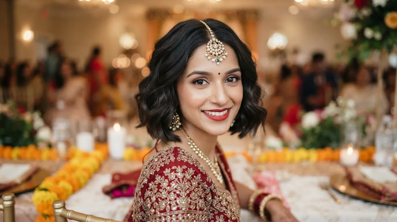 Woman with short textured bob haircut adorned with a traditional maang tikka and side passa for an ethnic festive look