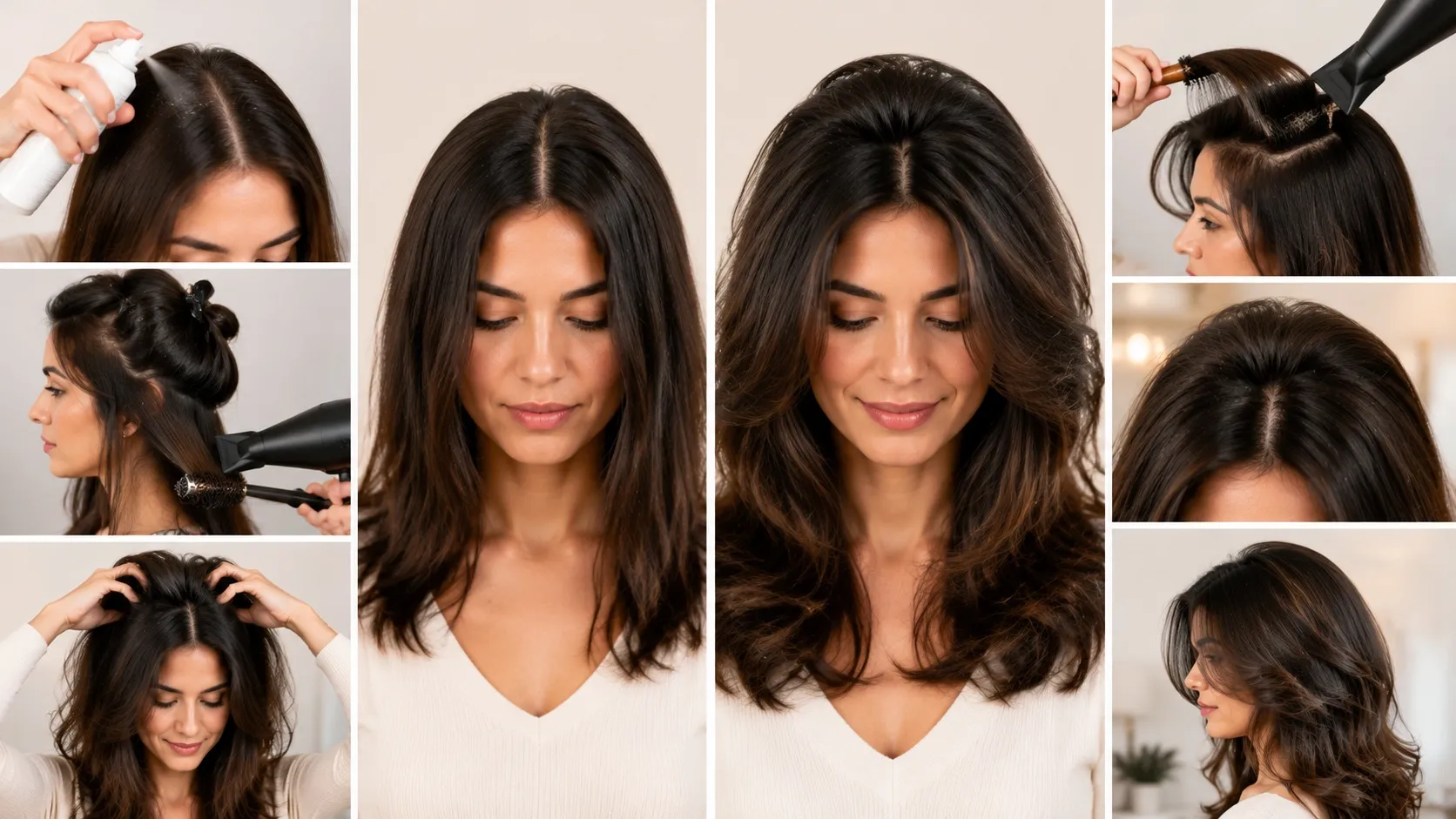 Woman applying dry shampoo and blow-drying roots with a round brush to add volume to thin oily hair