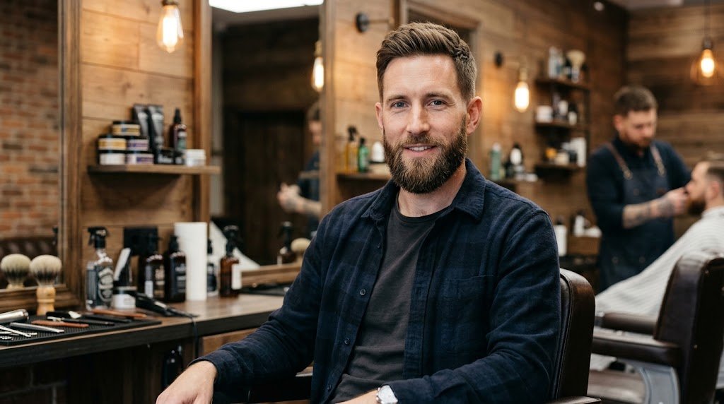 Handsome man with a long face shape showing a well-groomed short full beard styled for side width and facial balance
