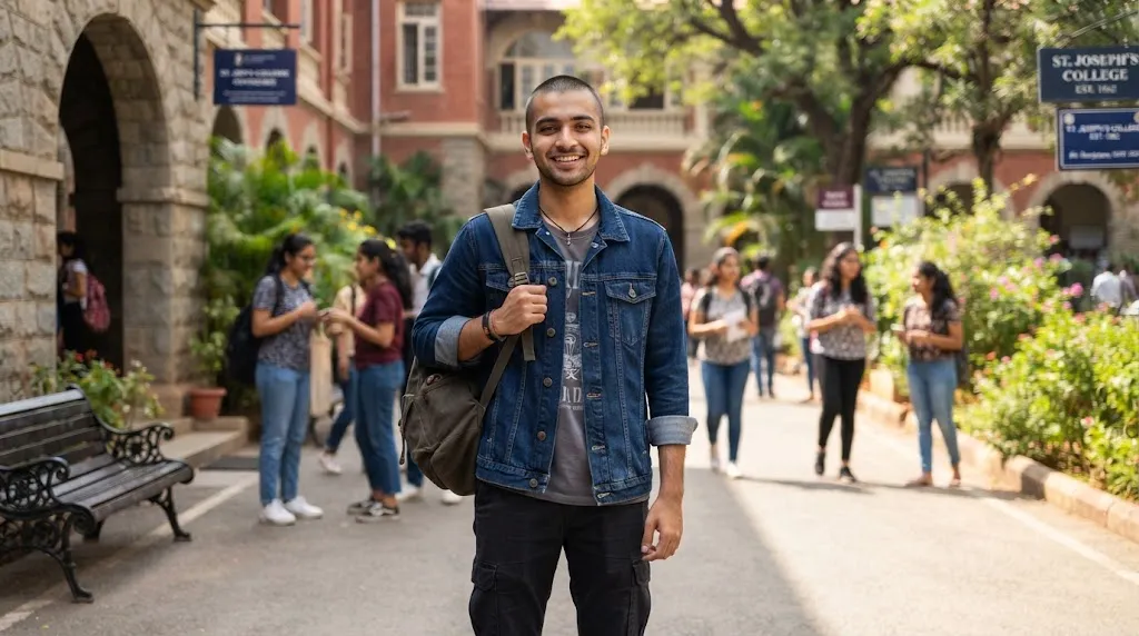 A stylish Indian college student with a neat buzz cut and light stubble on a vibrant campus.