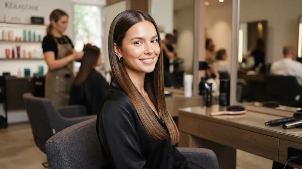 A person with sleek and beautiful straight hair showcasing a flattering haircut for a square face shape in a salon setting