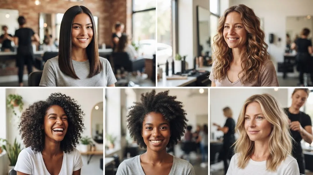 Collage showing different healthy hair textures including straight, wavy, curly, and fine hair for salon inspiration