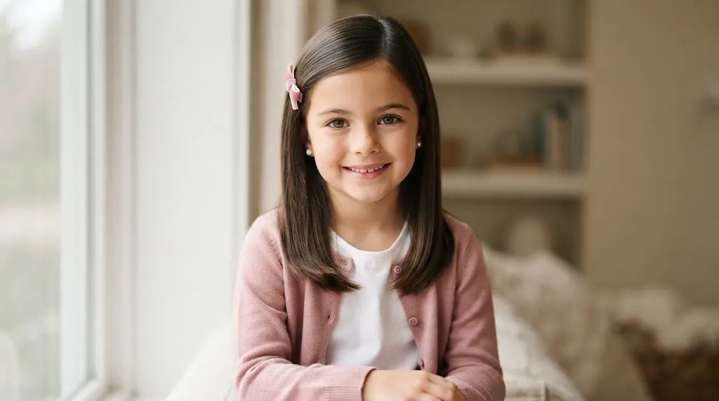 A young girl with healthy, sleek, and beautiful straight hair styled naturally, representing the best hairstyles for girls with straight hair in 2026.