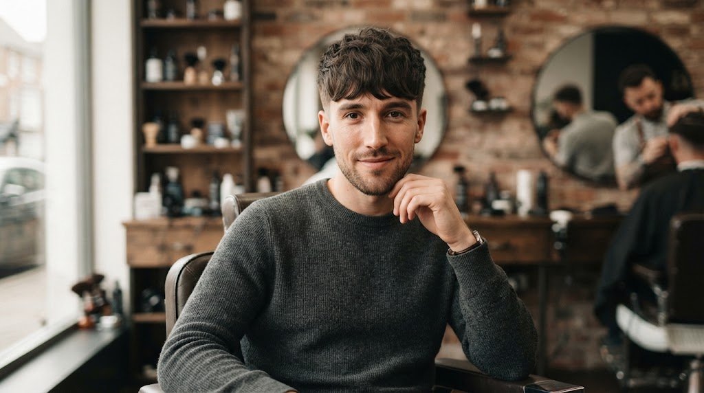 Man with long face shape wearing a textured, voluminous hairstyle that balances facial proportions