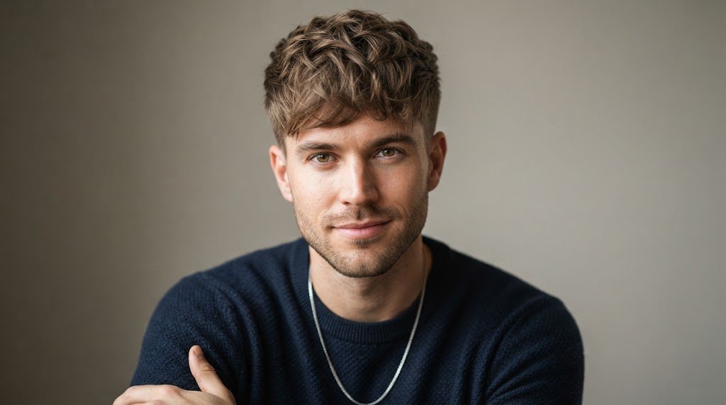 Stylish man with a textured Caesar haircut for fine thin hair styled forward to add volume and balance a long face shape