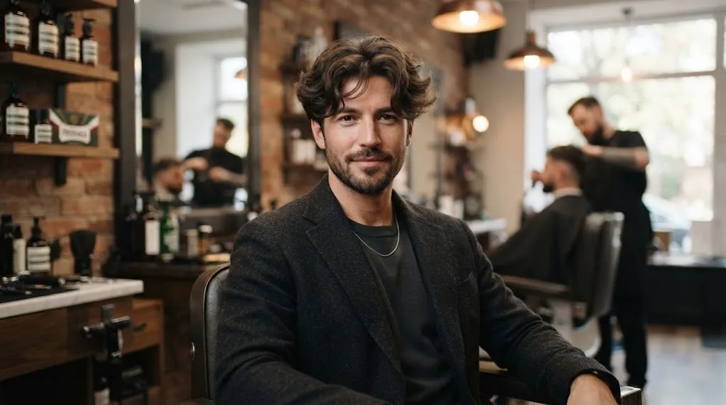 Stylish man with a textured haircut suited for an oblong face shape in a modern barbershop
