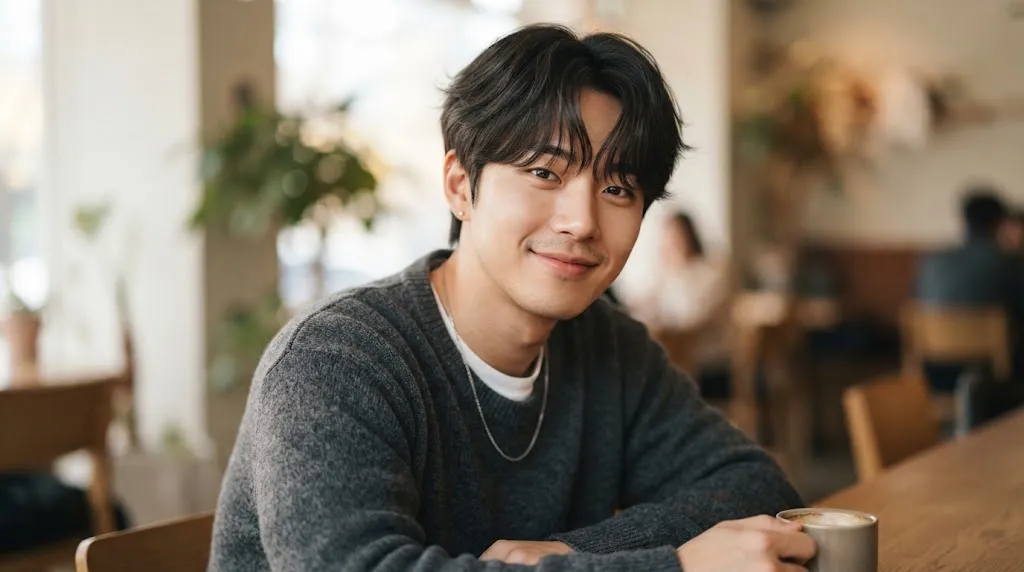 Young man showcasing a modern Korean fringe hairstyle with soft texture and face-framing bangs