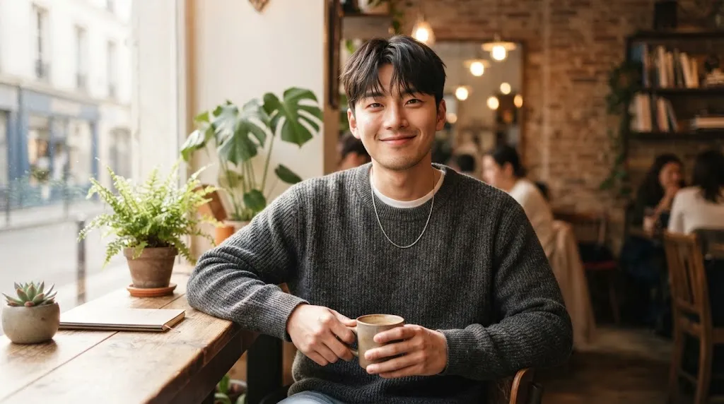 A young man with a stylish, low-maintenance Korean short haircut featuring natural texture and soft movement.