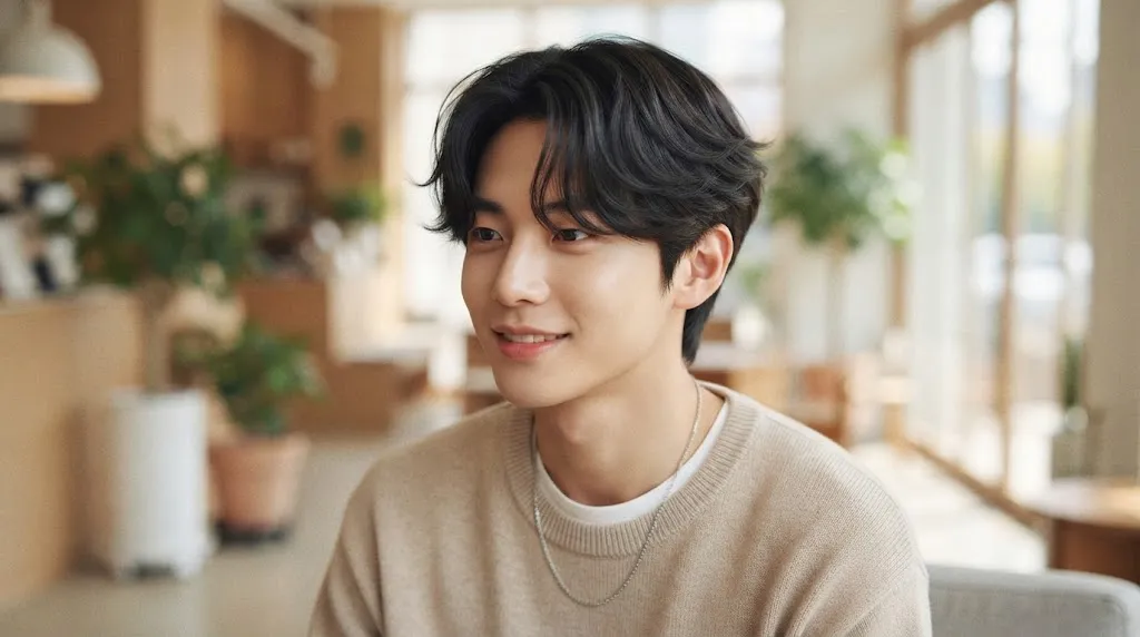 A young East Asian man in a cafe with a soft, natural Korean hairstyle, featuring gentle texture and a relaxed middle part.