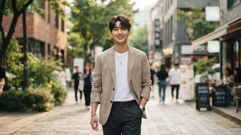 Young man with a stylish Korean haircut showcasing soft texture, natural volume, and dynamic movement