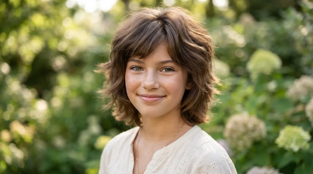 A girl with a square face shape wearing a textured collarbone-length shag haircut with soft layers to soften jawline