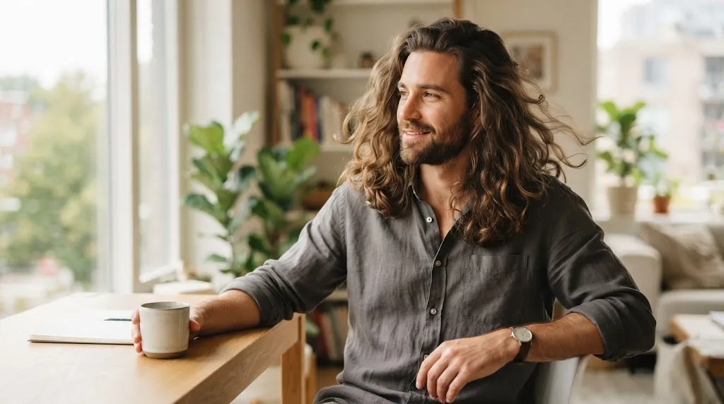 Professional man with healthy long wavy hair demonstrating proper grooming and care techniques