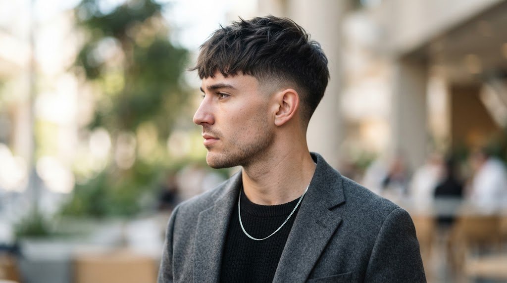 Man with straight hair styled in a textured forward-swept crop to balance a long face shape