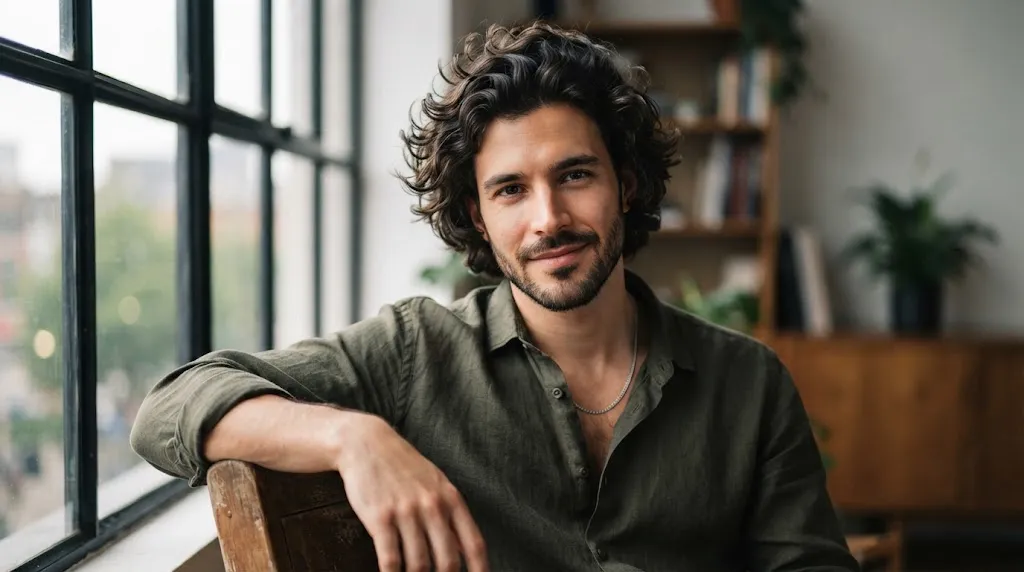 Man with healthy thick wavy hair texture showcasing defined S-shaped waves