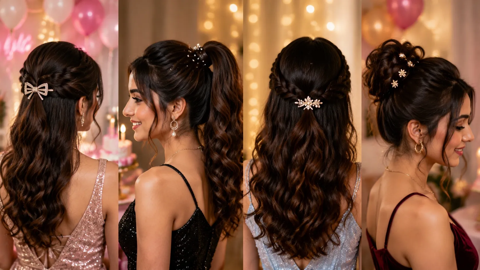 Young woman with long hair styled in a high voluminous ponytail with glossy bouncy curls for a birthday party look