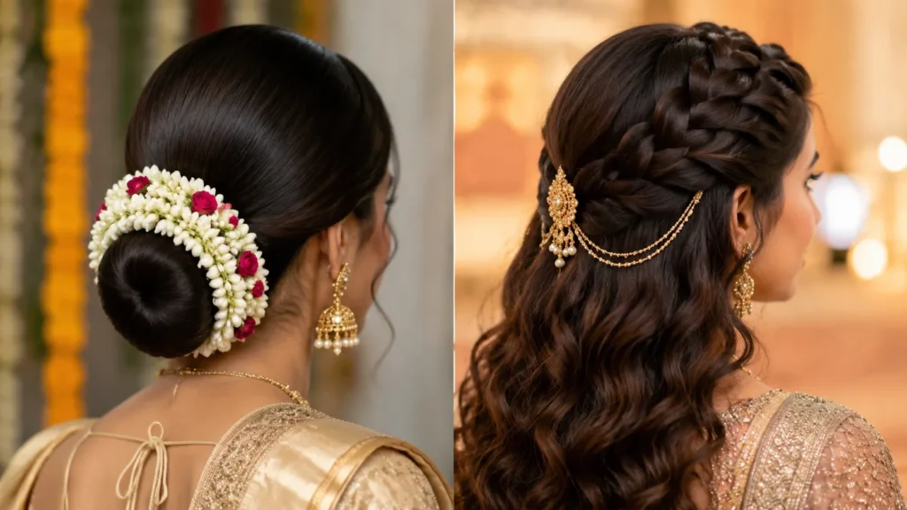 Woman with medium-length textured hair styled in a relaxed half-up messy bun for a casual get-together